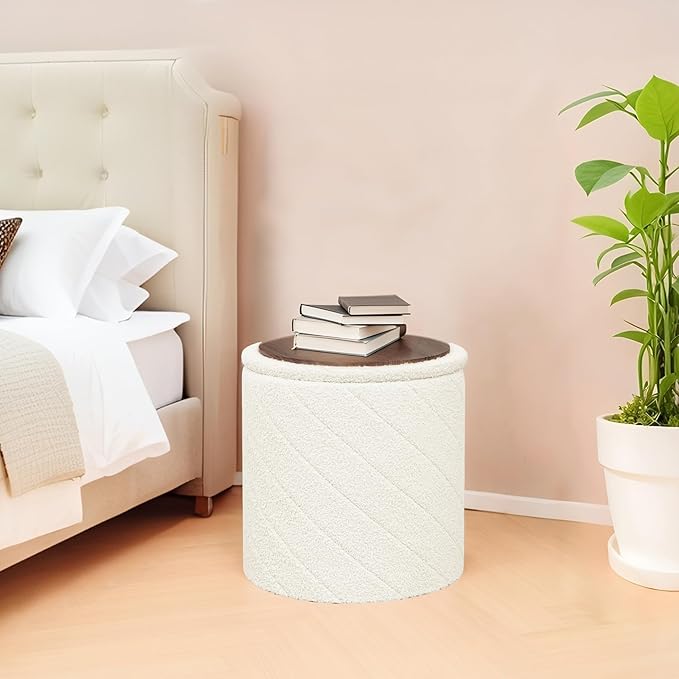 B FSOBEIIALEO Ottoman with Stroage, Boucle Round Storage Ottoman with Tray, Foot Rest Stool for Dorm Room, Living Room White, 16.93"x16.93"x17.72"