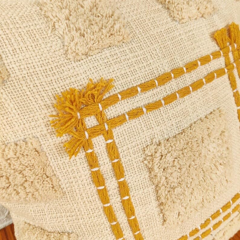 Boho Tufted Tassel Throw Pillow Cover, Mustard Yellow Geometric Square Decorative Cushion Case, Textured Woven Neutral Pillowcase for Couch Sofa Bedroom Home Decor, 18x18 Inch (Pillow Insert Not Inclu