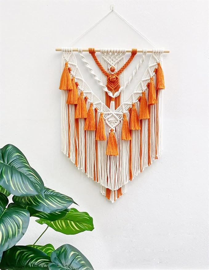 BMIDRUT Hanging Macrame Tapestry Woven Boho Wall Art Handmade Macrame Tapestry Home Wall Decor Wall Pediment 18x30 Inch (Orange)
