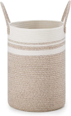 VIPOSCO Tall Laundry Hamper, Woven Rope Storage Basket for Blanket, Toys, Dirty Clothes in Living Room, Bathroom, Bedroom - 30L Brown & White