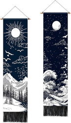 AOHMPT Pack of 2 Long Vertical Tapestry,Nature Landscape Tapestry with Serene Mountain River, Moon & Sun Motifs,Traditional Ink Painting Wall Art,Zen Aesthetic Wall Hanging for Living Room Bedroom Decor 13" W x 51" H"