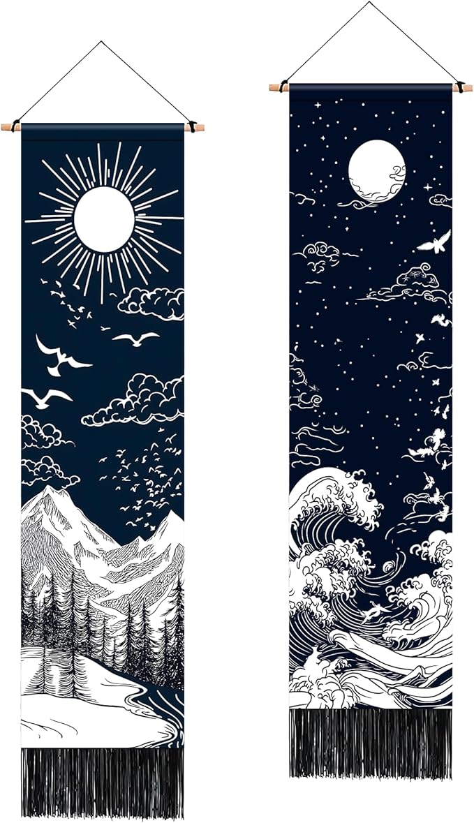 AOHMPT Pack of 2 Long Vertical Tapestry,Nature Landscape Tapestry with Serene Mountain River, Moon & Sun Motifs,Traditional Ink Painting Wall Art,Zen Aesthetic Wall Hanging for Living Room Bedroom Decor 13" W x 51" H"