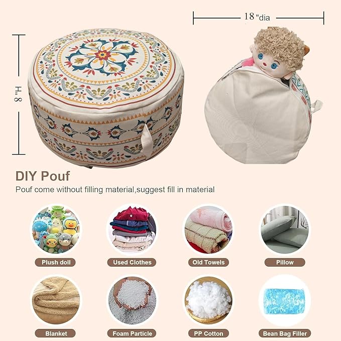 MOCOFO Round Bohemian Ottoman Pouf Cover, 18 Inch, Cotton Blend, Church Window Print, Living Room Storage Footrest, Cover Only (Little Wild)
