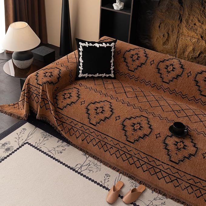 ROOMLIFE Brown Couch Cover 3 Cushion Sofa, Washable Non Slip Furniture Sofa Protector Cover, Soft Chenille Sofa Slipcovers Sectional L Shape Dogs Couch Cover Throw Blanket with Tassels 71''X118''