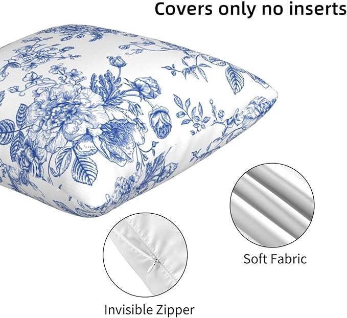 Chinoiserie Blue and White Flowers Throw Pillow Covers 16x16 Set of 2, Vintage Blue Floral Pillow Covers Outdoor Decorative Pillow Case for Couch Bed Sofa Cushion Home Decor