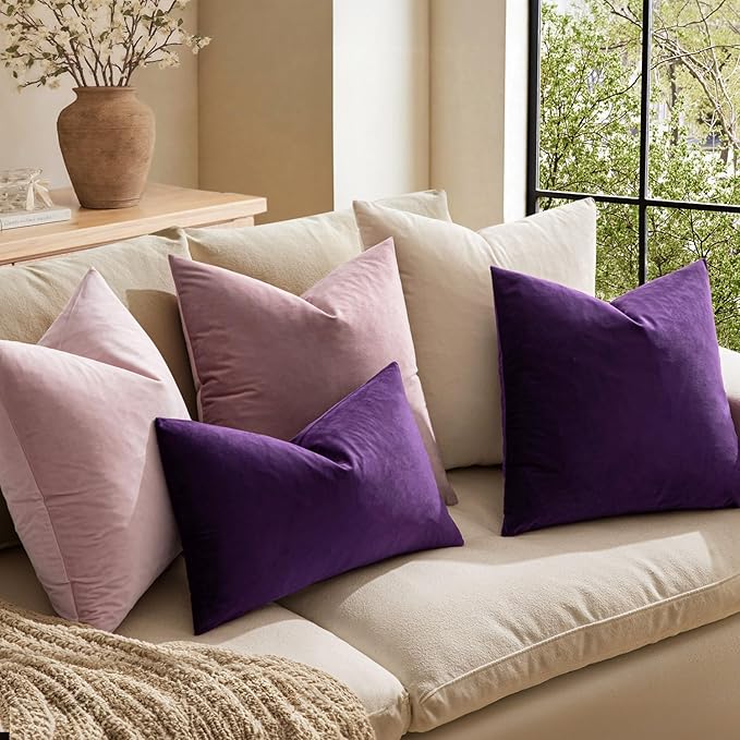 MIULEE Velvet Throw Pillow Covers 16x16 Inch, Pack of 2 - Eggplant Purple, Super Soft Decorative Square Cushion Cases Modern Luxury Home Decor for Sofa,Couch,Bed,Chair