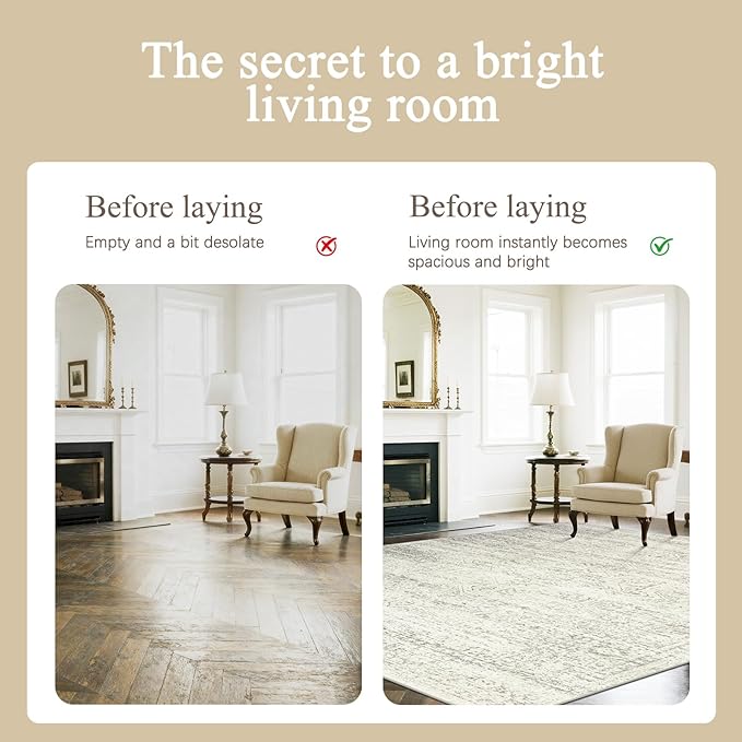 Washable Rugs 5x7 Area Rugs for Living Room,Bedroom,Dining Room- Large Ultra Soft Faux Wool Retro Carpets,Non Slip&Non-Shedding Low Pile Vintage Print Rug for Home Office Decor-Beige