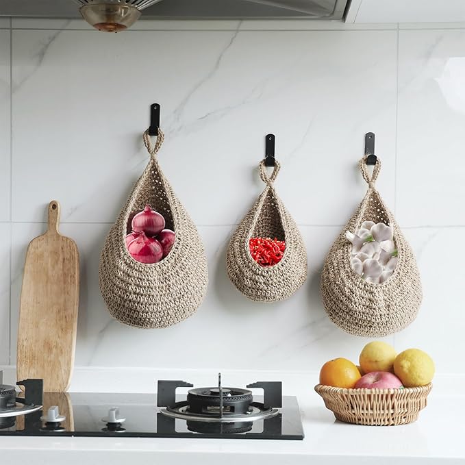 Hanging Fruit Basket Set of 3, Boho Wall Hanging Storage Basket for Organizing, Handmade Teardrop Hammock Holder for Fruit Vegetable in Home & Restaurant Kitchen with Hooks, Light Flaxen