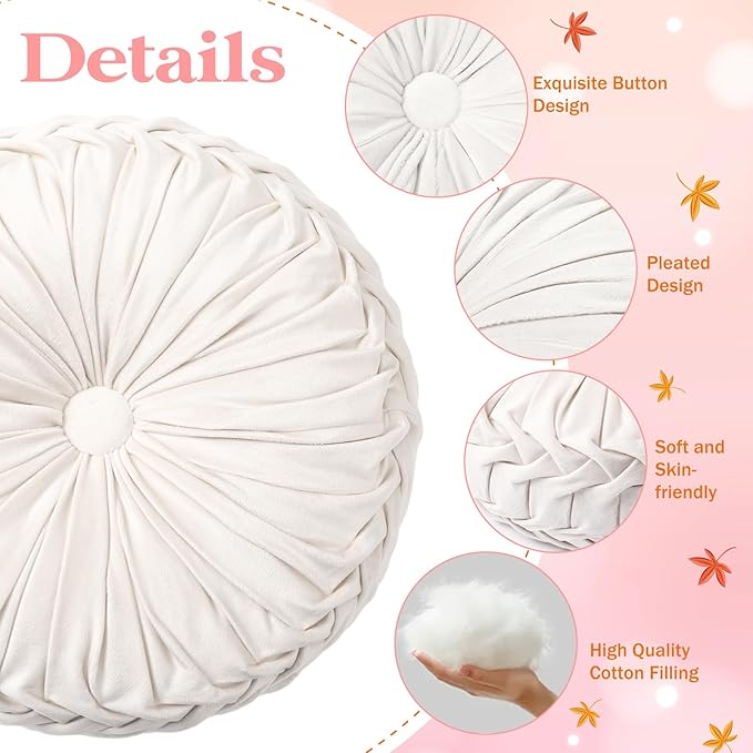 2 Pcs Round Throw Pillows 15 Inch Decorative Velvet Pleated Pumpkin Pillows Boho Floor Pillow with Center Button for Living Room Couch Chair Bed Sofa Home Decoration (Ivory)