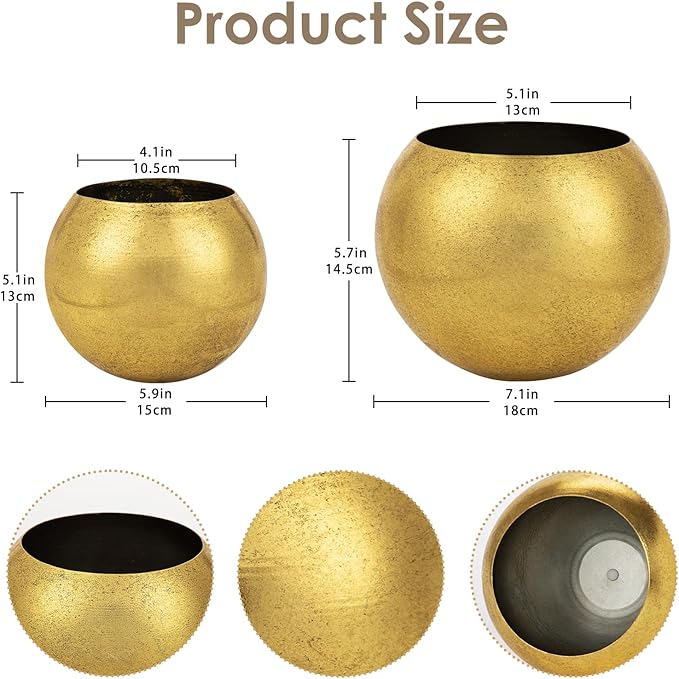 Oairse Round Gold Metal Flower Pots - 2 PCS Galvanized Planters with Drainage Hole Farmhouse Rustic Garden Rustproof Vintage Metal Plant Pot for Flowers Plant Herb Home Centerpieces Table Decorations