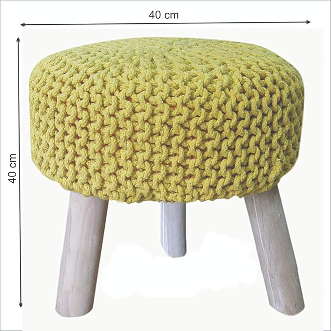 Luxurious Round Nautral Hand Knit Pouf Floor Ottoman 100% Cotton Braid Cord Wooden Foot Stool (Yellow, 20" x 20" x 20")