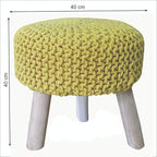 Luxurious Round Nautral Hand Knit Pouf Floor Ottoman 100% Cotton Braid Cord Wooden Foot Stool (Yellow, 20" x 20" x 20")