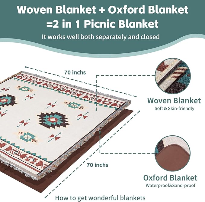 2 in 1 Extra Large Outdoor Picnic Mat Woven Summer Throw Blanket Boho Giant Beach Travel Essential Yoga Accessories Park Patio Lawn Garden Grass Ground Play Music Festival Concert Must Have
