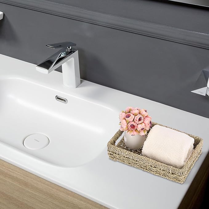 Bathroom Vanity Tray, Seagrass Narrow Counter Tray with Handles, Decorative Woven Organizer Trays for Toilet Tank, Shelves, Farmhouse Hand Towels Basket Holder for Storage, Natural (Small)