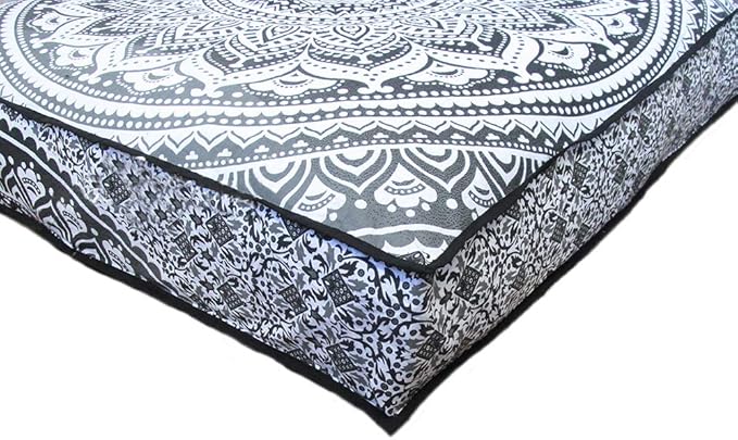 CRAFT KALA Mandala Floor Pillow Cushion Cover Seating Throw Cover Hippie Decorative Bohemian Ottoman Poufs Pom Pom Pillow Cases Boho Indian Cotton Living Room Yoga Home Décor (24" Square, Grey Ombre)
