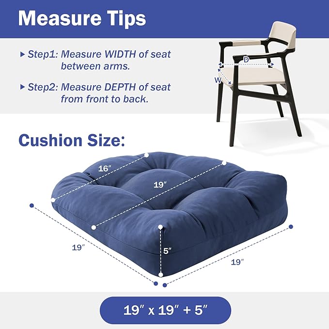 Outdoor Chair Cushions Set of 2, Patio Chair Cushions with Ties, 19x19+5” Tufted Outdoor Seat Cushions, Waterproof Patio Furniture Cushions, Outdoor Dining Chair Pads, Navy (Pack of 2)