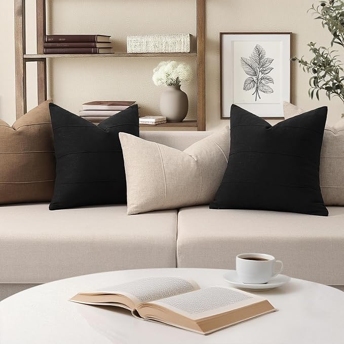 ZWJD Decorative Linen Throw Pillow Covers 18x18 Set of 2 Solid Handcrafted Striped Cushion Covers for Bed Soft Modern Farmhouse Neutral Pillowcase for Couch Bedroom Living Room Home Decor(Black)