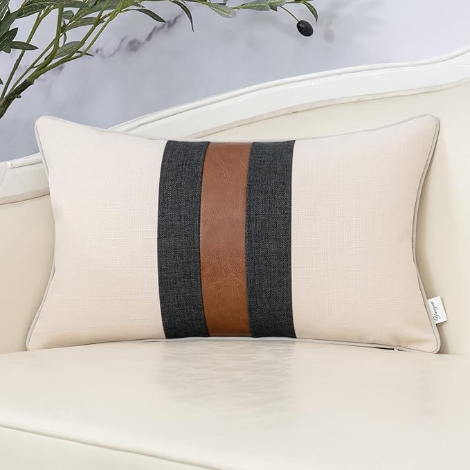 Yangest Patchwork Pillow Cover 12x20 Inch Luxury Cotton and Linen Cushion Cover Faux Leather Pillowcover for Couch Bedroom Living Room, White