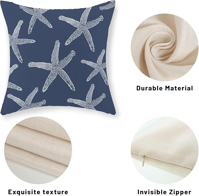 Navy Blue Starfish Pillow Covers 18x18 Inch Set of 2 Coastal Throw Pillows Summer Nautical Ocean Theme Decorations Beach Pillowcase Linen Outdoor Decor Farmhouse Cushion Case for Home Bedroom