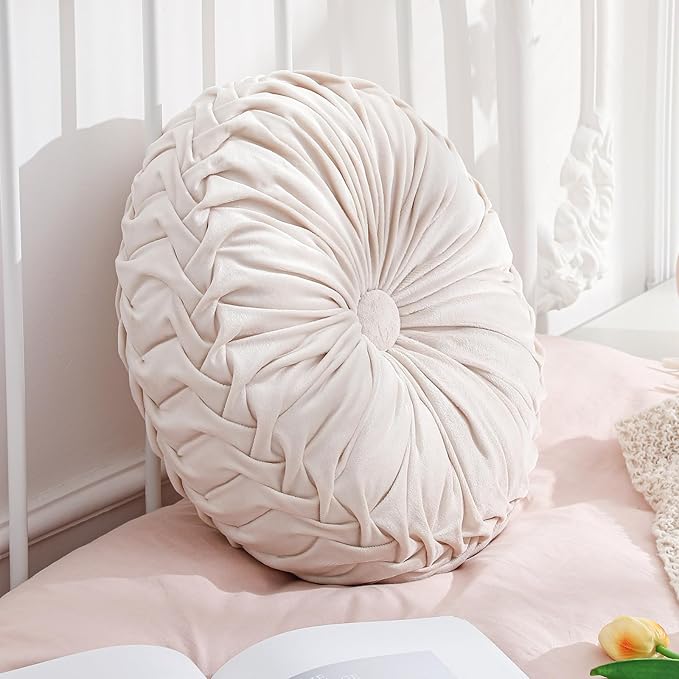 Round Throw Pillows Decorative Pleated Throw Pillows 15'' Diameter Accent Pumpkin Boho Chair Cushion for Couch Sofa Home Decoration(Beige,1 Pcs)