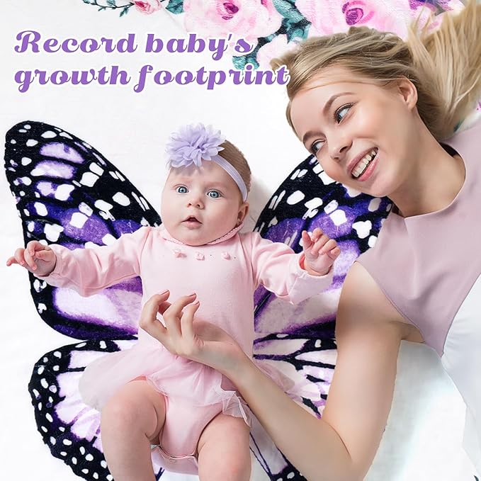Chumia 6 Pcs Baby Monthly Milestone Blanket for Girl 60" x 40" Butterfly Milestone Blanket Age Photo Photography Backdrop with Newborn Calendar Growth Chart Bib Headband(Purple,Butterfly Pattern)
