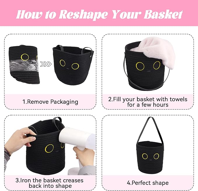Hanging Basket, Small Black Cat Easter Woven Basket with Leather Handle, Cotton Rope Wall Storage Basket for Plants Toys Remotes (7.8x7 in)
