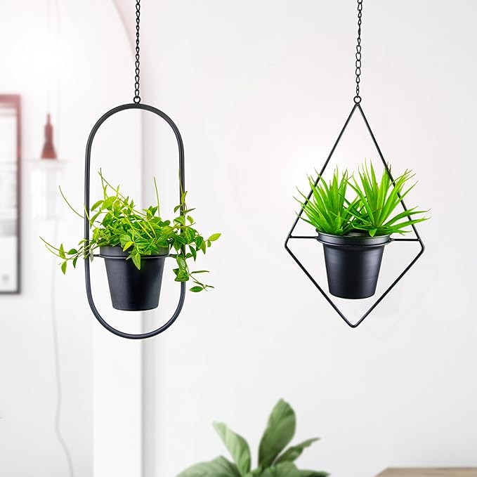 Modern Metal Hanging Planters Set of 2 - Geometric Diamond and Oval Plant Hangers with 5 inch Pots - Black Wall or Ceiling Mount Flower Holders for Indoor and Covered Outdoor Décor