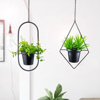 Modern Metal Hanging Planters Set of 2 - Geometric Diamond and Oval Plant Hangers with 5 inch Pots - Black Wall or Ceiling Mount Flower Holders for Indoor and Covered Outdoor Décor