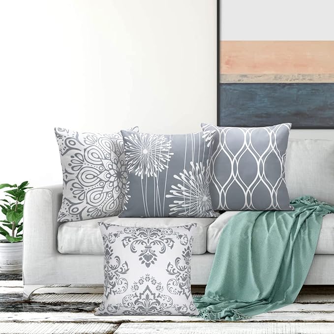 Coliuso Decorative Throw Pillow Covers 16x16 Set of 4, Gray and White Modern Simple Square Pillow Case Cushion Cover for Sofa Couch Farmhouse Outdoor Living Room (Gray and White, 16"x16")