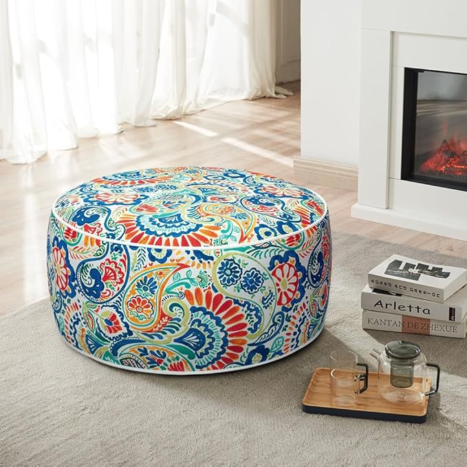 Magpie Fabrics Inflatable Stool Ottoman Pouf D20 xH9, Outdoor Round Footrest Footstool with Foot Pump, Portable for Patio Garden Travel Camping - Paisley Multi