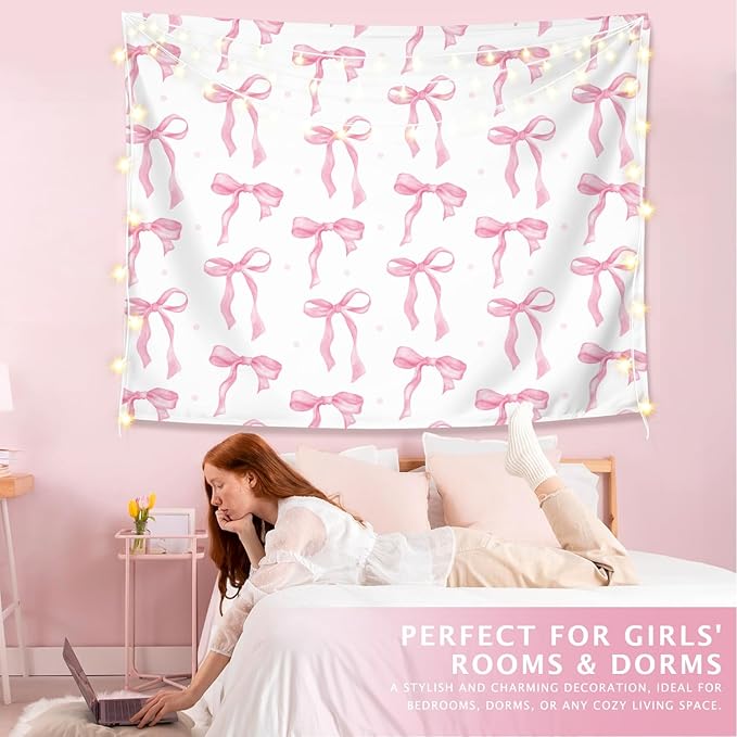 LIANGW Coquette Pink Bow Tapestry Wall Hanging, Coquette Preppy Room Decor, Pink Girly Aesthetic Wall Blanket Decor for Girls Room Dorm Apartment, 50x60 Inch