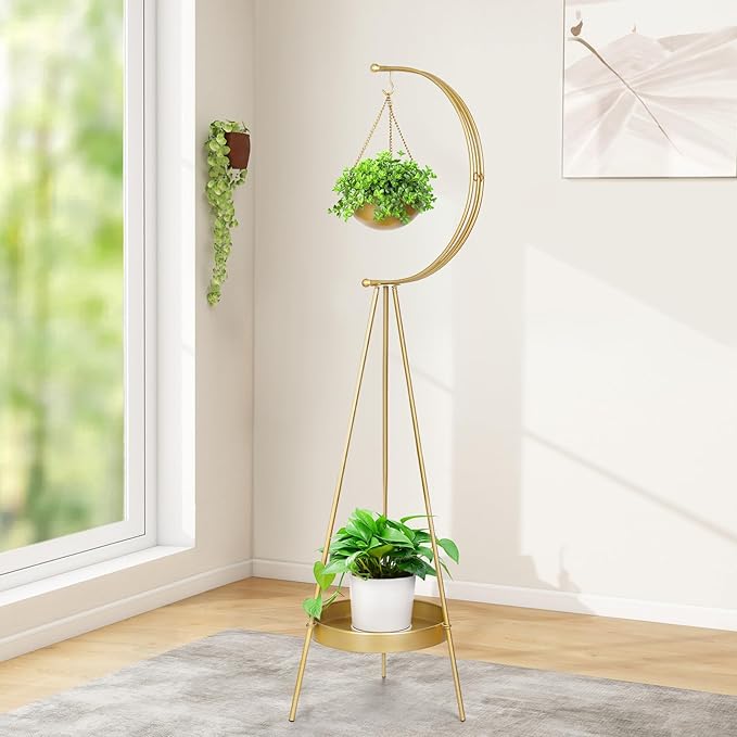 airogym Metal Plant Stand, Plant Holder for Indoor Outdoor, Multifunctional Iron Flower Pots Rack, Modern Planter Display Shelf, Hanging Planters for Garden Living Room Decor Corner Balcony (Golden)