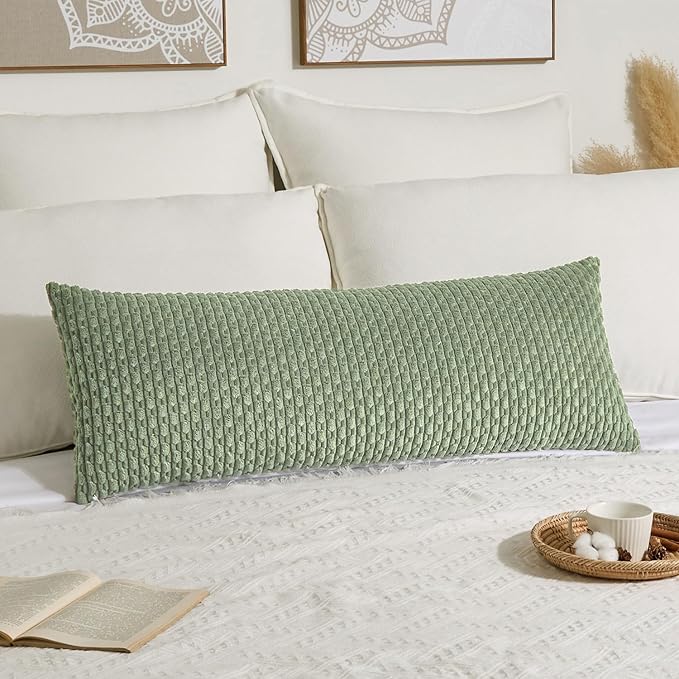 Kevin Textile Spring 20x54 Inch Long Body Lumbar 1 Pack Boho Decorative Throw Pillow Cover Soft Striped Corduroy Rectangle Cushion Case Farmhouse Accent for Living Room Couch Sofa Bed, Sage Green