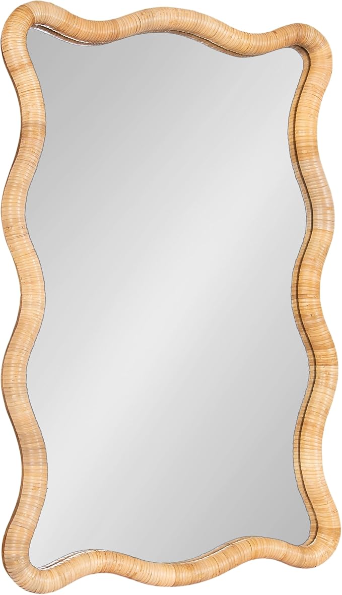Kate and Laurel Rahfy Boho Scalloped Rectangle Rattan Wall Mirror, 24 x 36, Natural Wood, Decorative Rectangular Wavy Mirror with Authentic Rattan Frame for Bathroom Mirror Decor