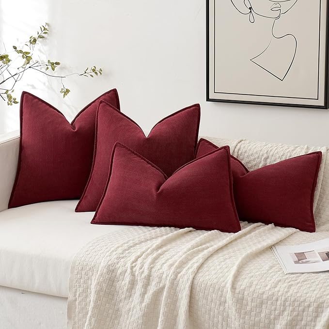 MIULEE Pack of 2 Burgundy Decorative Pillow Covers 20x20 Inch Soft Chenille Luxurious Couch Throw Pillows Farmhouse Cushion Covers with Elegant Design for Sofa Bedroom Living Room Decor