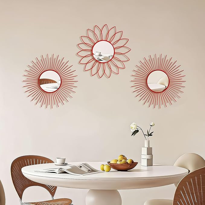 3 Pack Metal Mirrors for Wall Sunburst Wall Mirrors Home Décor Decorative Hanging Wall Art for Living Room Bedroom Entryway (Red, Flower+Sunburst)
