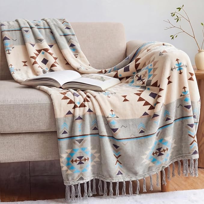 CASAAGUSTO Boho Throw Blanket - Green and Beige Decorative Blankets with Tassel, Printed Flannel Bohemian Blanket for Chair, Bed, Sofa, Couch(50 * 60, Green and Beige)