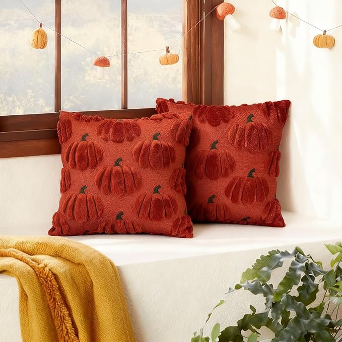 Fall Pumpkin Decorative Throw Pillow Covers 22x22 Set of 2 Pillow Covers, Faux Fur Square Pillow Cover Fluffy Plush Accent Throw Pillow Case, Throw Pillow Cover Cushion Cover for Autumn, Rust Red