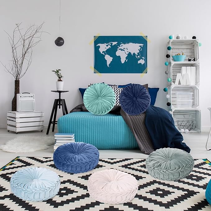Yerliker 6 Pcs Floor Pillow Cushions 15inch Round Velvet Throw Pillows Colorful Flexible Cushions Alternative Pillows for Couch Chair Living Room Bedroom Home Office Decor(Blue Color)