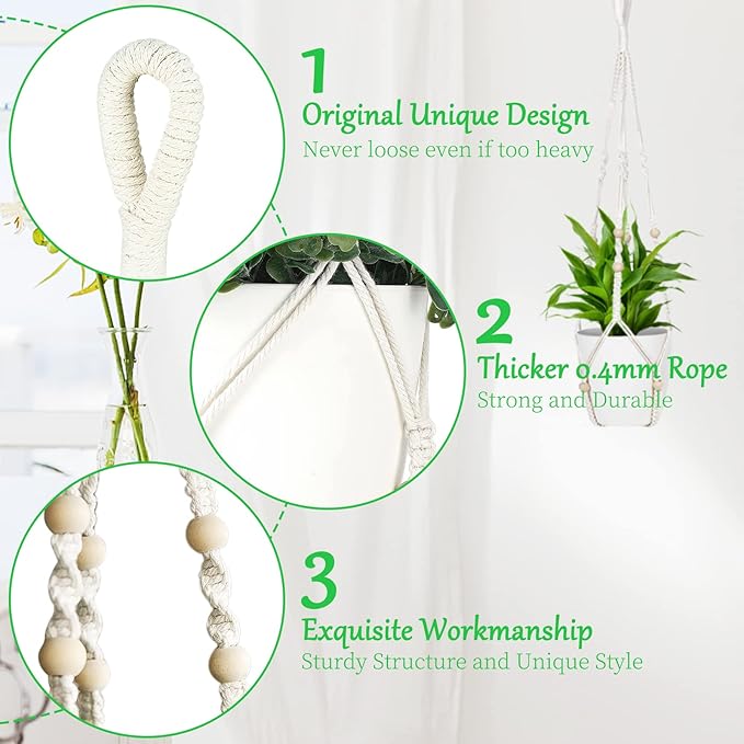 ZMTECH Macrame Plant Hanger for Indoor Plants - 2 Pack 35 Inch Boho Hanging Plant Hanger with Natural Wood Beads, Ivory Home Decor