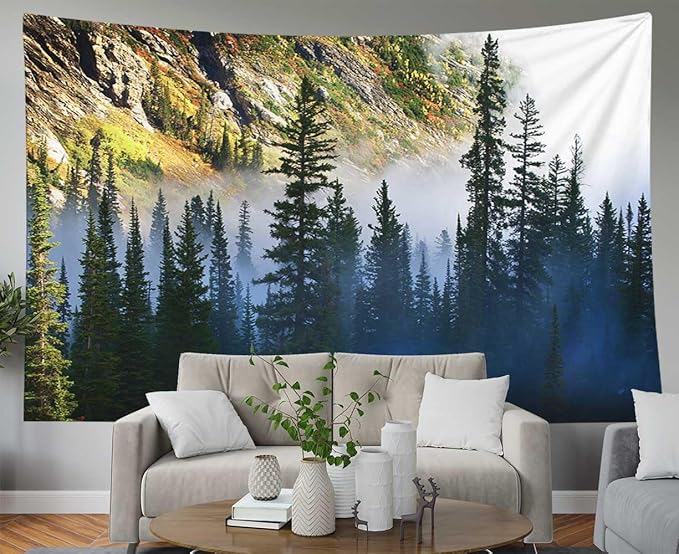 EMMTEEY Landscape Wall Art - Fog and Pine Tree on Rugged Mountainside - 60x40 Hanging Tapestry for Families