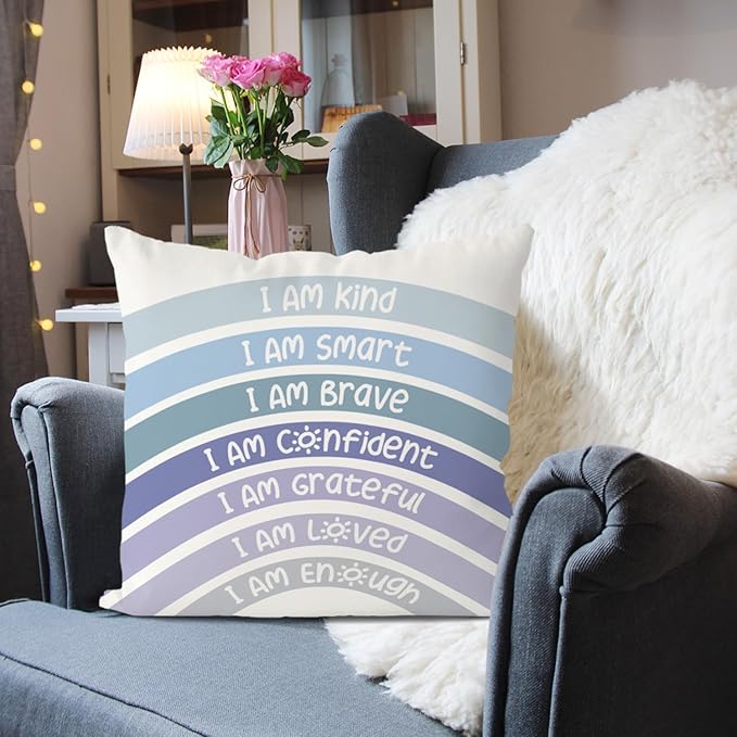 QIYUHOY Boho Rainbow Classroom Throw Pillow Covers, Book Center Calming Corner Playroom Decor Pillow Case, Blue Pillow Cover, I Am Kind Smart Brave Confidence 20x20 Inch Pillowcase(Blue)