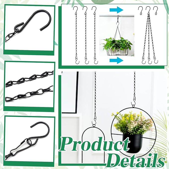 Benvo Hanging Plant Chains Flower Pot Hangers with Clips and Hooks 3 Point Replacement Chain Holders for Baskets Bird Feeders Planters and Other Ornaments (24.8 inch Long)