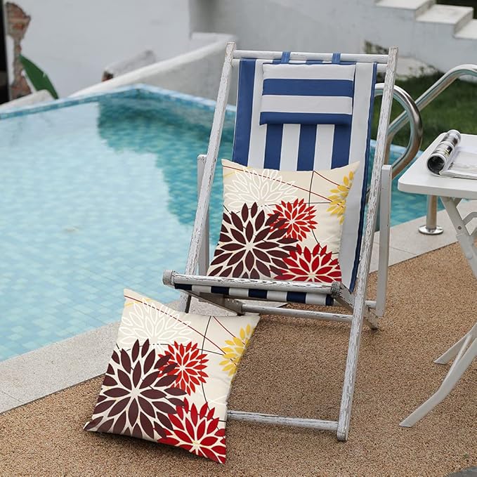 DFXSZ Red Brown Outdoor Pillow Cover 18X18 Inch Set of 2 Outdoor Waterproof Fall Floral Brown Decorative Pillowcase Decor for Couch Patio Funiture Garden Print Polyester Cushion Cover 01K18