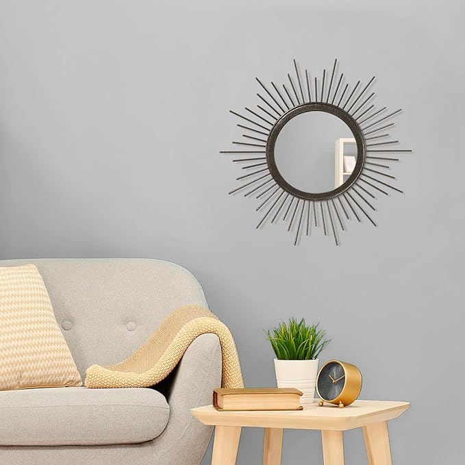 Large Spoked Sunburst Wall Mirror Boho Home Decor Round Wall Art Mirror Modern Metal Mirrors for Wall Living Room Vanity Bathroom Bedroom Hallway Balcony Entryway 16"