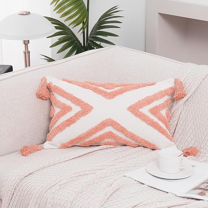 PLWORLD Boho Pink Lumbar Throw Pillow Cover 12x20 Inch with Tassels, Geometric Tufted Cream Chenille Fabric Small Accent Textured Cushion Case for Bed Couch, 1 PC Cover Only No Insert