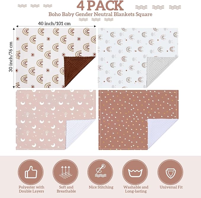 Tiamon 4 Pack Boho Rainbow Baby Blankets for Girl Boy Newborn Unisex Baby Quilts Boho Toddler Blanket Double Layer Dot Back 30 x 40 in Soft Gender Neutral Shower Gift Nursery Stroller