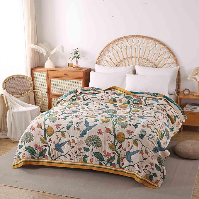 Qidordour Boho Throw Blanket, 60"x80" Muslin Blankets for Adults, 100% Organic Cotton Blanket for Couch Sofa, Lightweight Quilt, All Season Bed Throw, Farmhouse Home Decor, B-Hummingbird Fruit