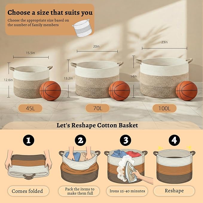 100L Large Cotton Rope Basket, Decorative Woven Blanket Storage for Living Room, Boho Toy Storage & Toy Box for Kids, Versatile Laundry Basket & Nursery Hamper for Blankets(BrownYellow)