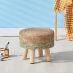 Cpintltr Ottoman Natural Seagrass Footrest Poufs Hand Weave Round Foot Stool for Couch Desk Soft Step Stool Padded Foot Rest with Pine Legs for Living Room Bedroom Natural/Green